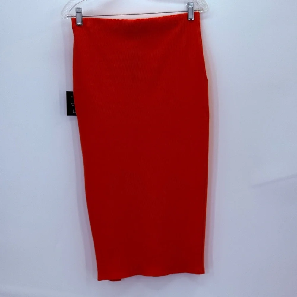 Lulus Burnt Orange Ribbed Knit Midi Pencil Skirt Side Slit Bodycon High-Waisted
